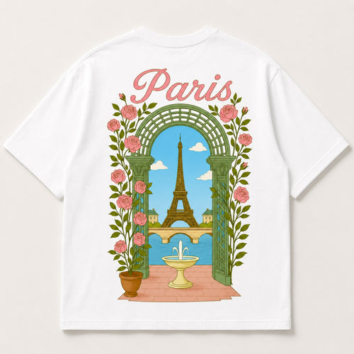 T-shirt Paris Safiri blanc — tour Eiffel sous une arche de roses