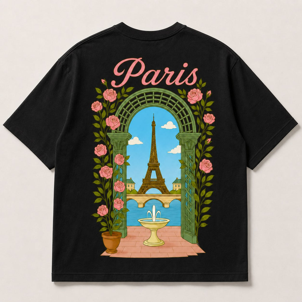 T-shirt Paris Safiri noir — tour Eiffel sous une arche de roses