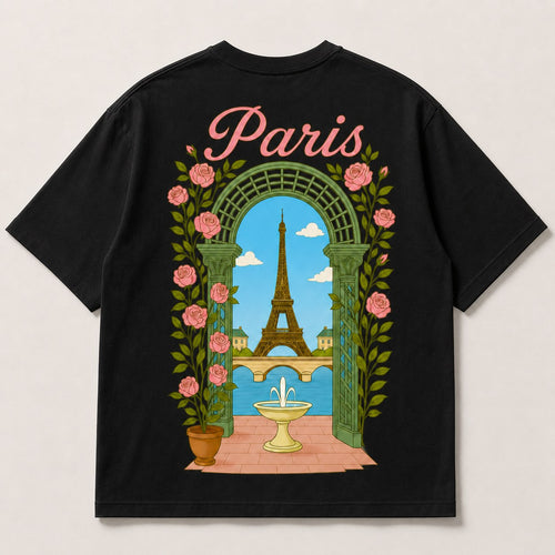 T-shirt Paris Safiri noir — tour Eiffel sous une arche de roses