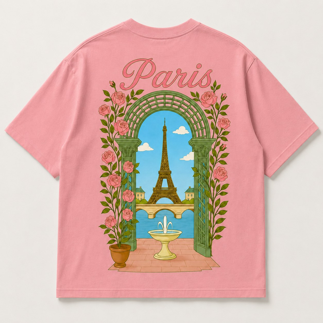 T-shirt Paris Safiri rose — tour Eiffel sous une arche de roses