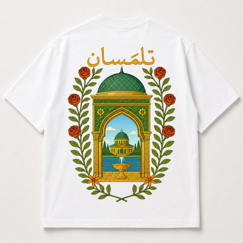 T-shirt Tlemcen Safiri blanc — coupole verte et roses, calligraphie تلمسان