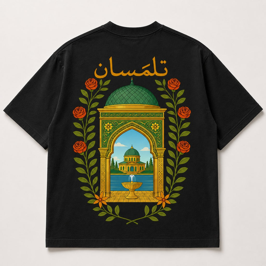 T-shirt Tlemcen Safiri noir — coupole verte et roses, calligraphie تلمسان