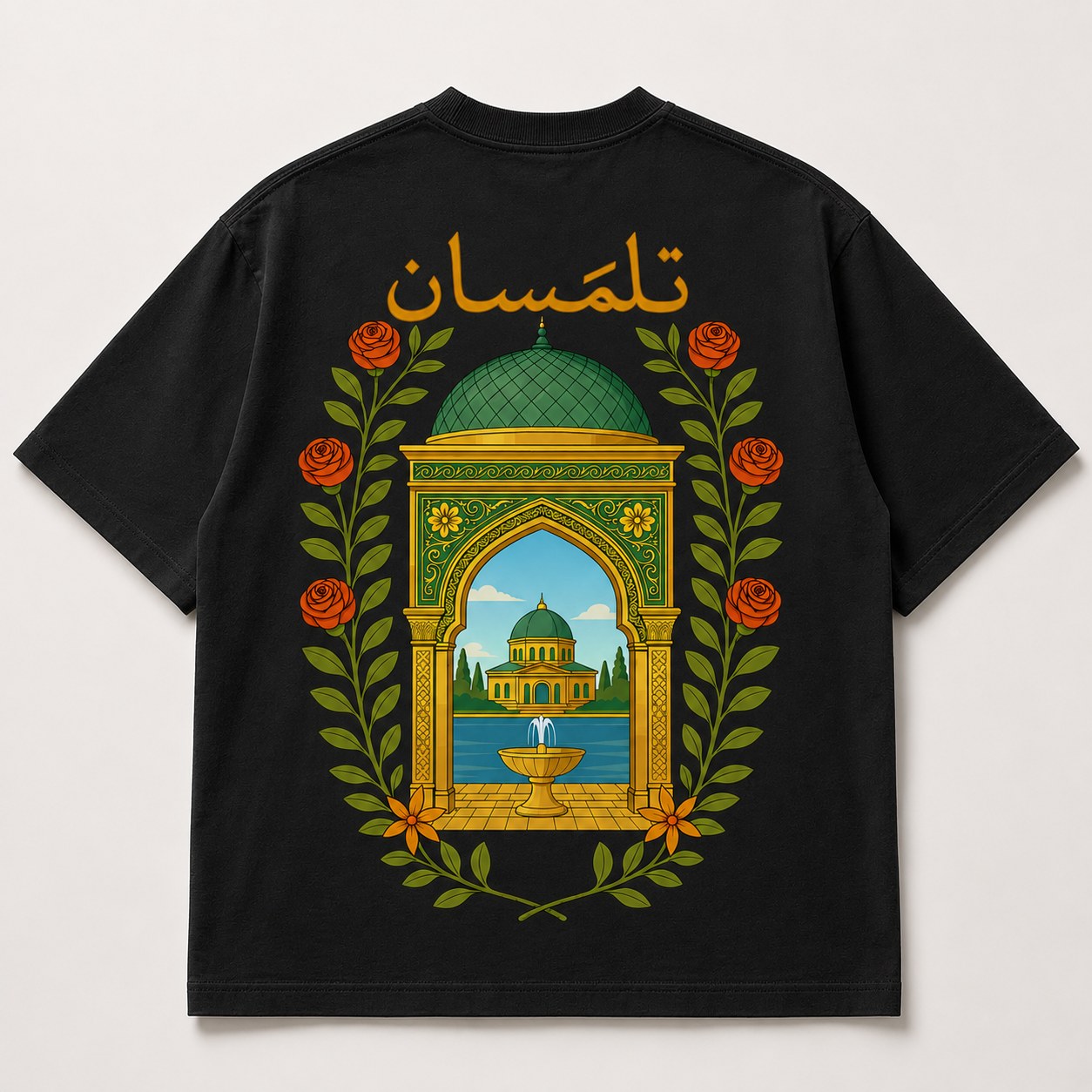 T-shirt Tlemcen Safiri noir — coupole verte et roses, calligraphie تلمسان