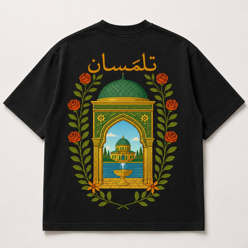 T-shirt Tlemcen Safiri noir — coupole verte et roses, calligraphie تلمسان
