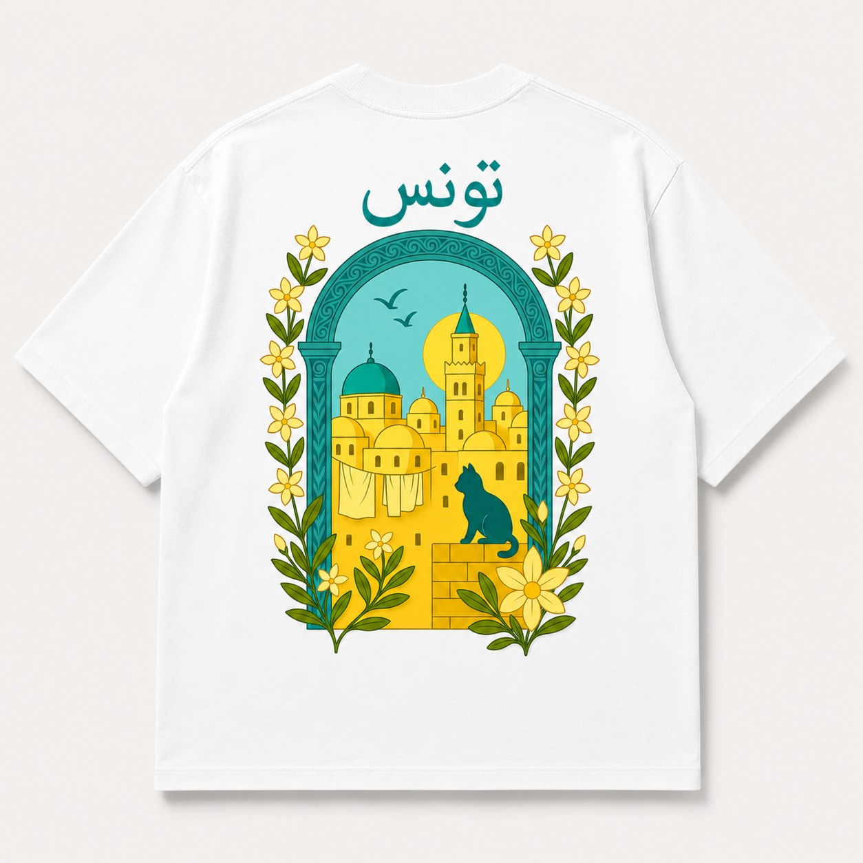 T-shirt Tunis Safiri blanc — médina, chat et jasmin, calligraphie تونس