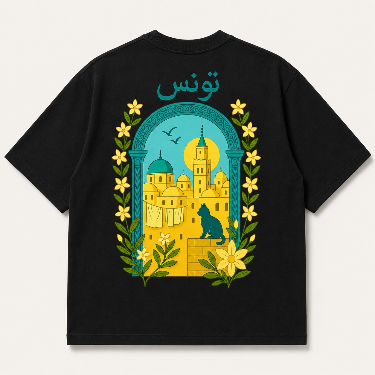 T-shirt Tunis Safiri noir — médina, chat et jasmin, calligraphie تونس